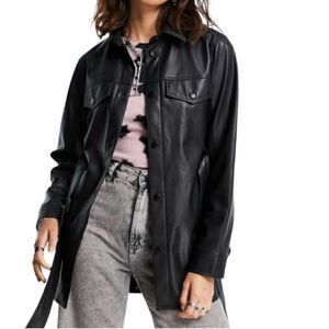 Rebecca Minkoff Black Vegan Faux Leather Belted Jacket Button Up Collared Large
